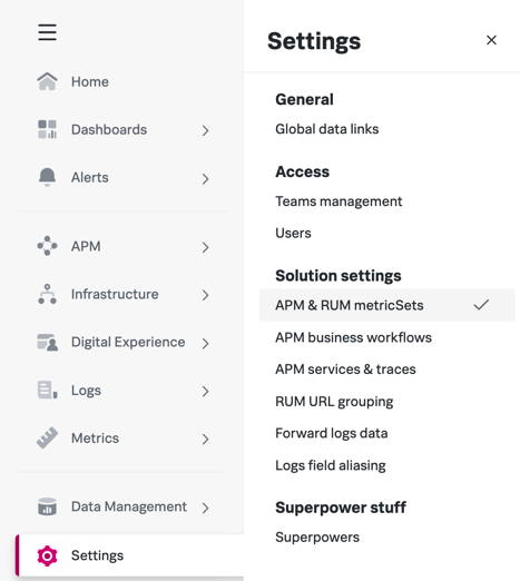 Settings panel for adding metric sets.