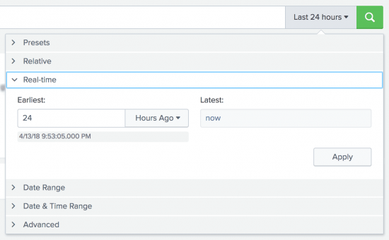 This image shows the window where you can specify a custom time range for a real-time search. The default time range is Earliest 24 hours.